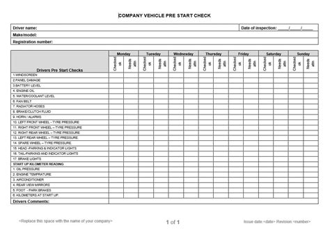 Vehicle Pre Start Checklist Template Word Image To U