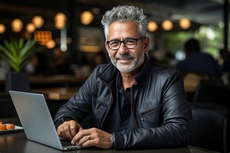 Premium AI Image Portrait Of Smiling Mature Man Wearing Glasses Sitting At Cafe Table Using Laptop