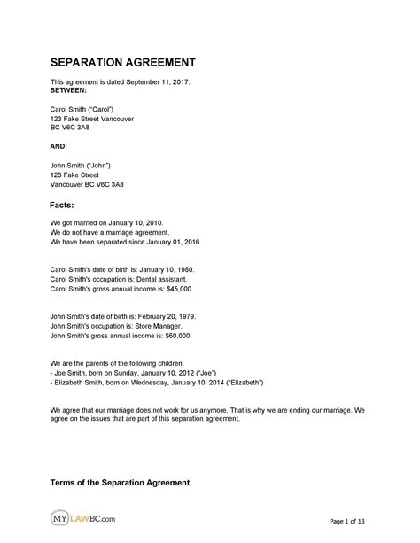 43 Official Separation Agreement Templates Letters Forms Templatelab