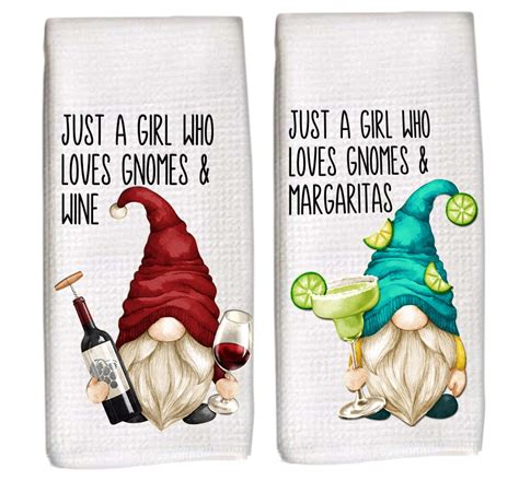 Two Gnome Dish Towels Gnomes Kitchen Decor Wine Gnome Margarita