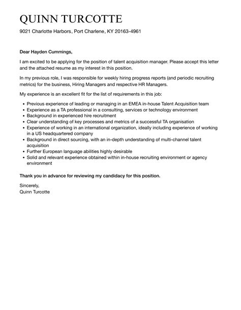 Talent Acquisition Manager Cover Letter Velvet Jobs