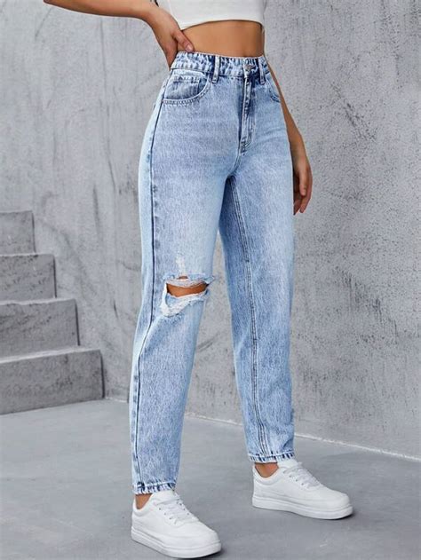 Shein Jeans Ajustados Mom Desgarro Moda De Mujer Shein M Xico