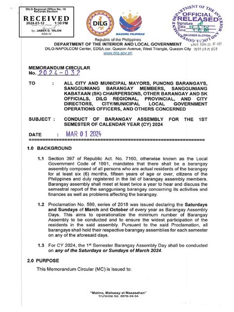 2024 Barangay Assembly 1st Sem Fyi Brgy Agunod Pdf