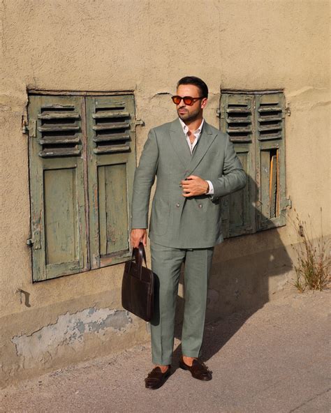 Green Linen Double Breasted Suit Hockerty