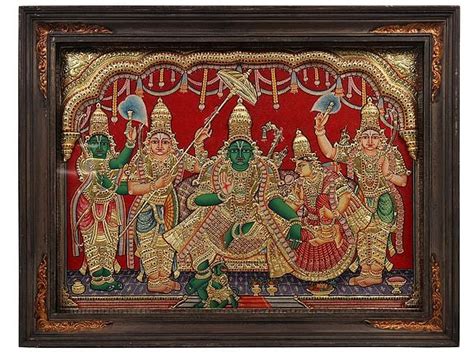 Shri Ram Darbar Tanjore Painting With Vintage Teakwood Frame 22 Karat