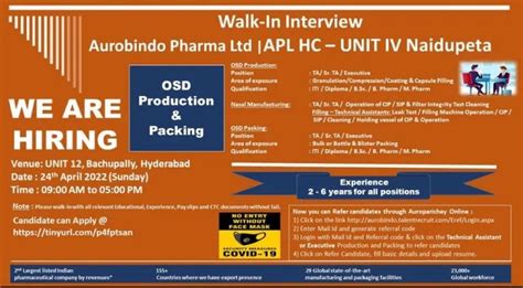 Aurobindo Pharma Walk In Interviews On Th Apr For B Sc B