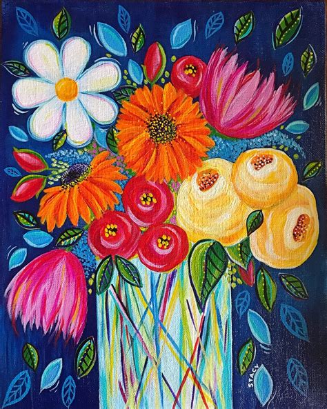 Whimsical Colorful Floral Painting Cheerful Flower Art | Etsy