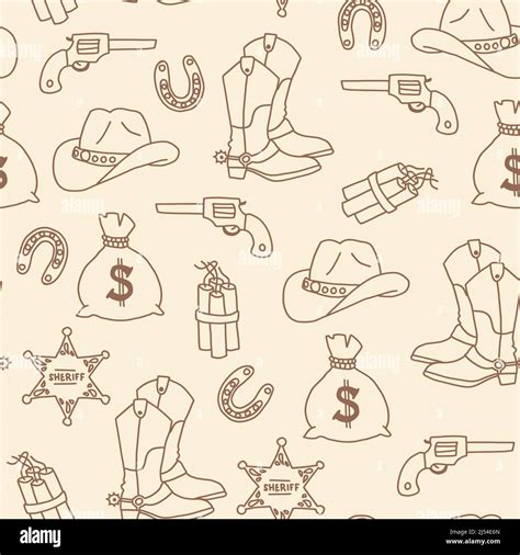 Cowboy Sheriff Wild West Seamless Vector Pattern Cowboy Boots And Hat