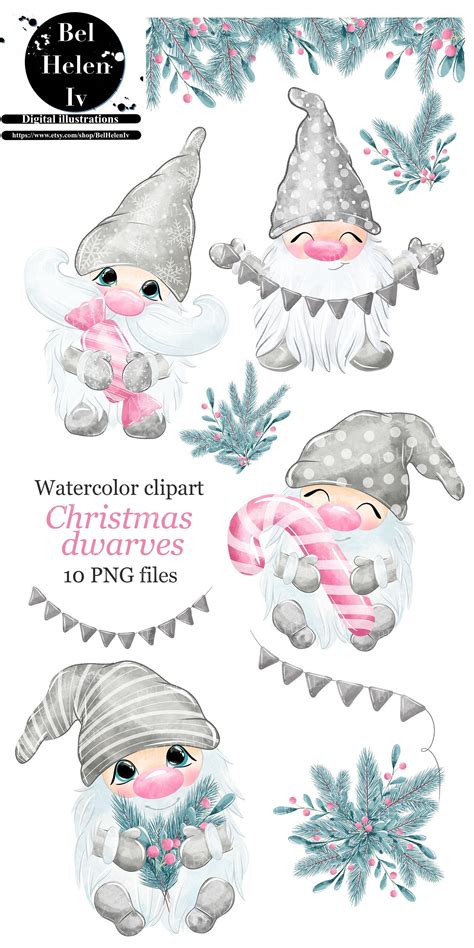 Christmas Gnomes Clipart Watercolor Holiday Clipart Nordic Christmas