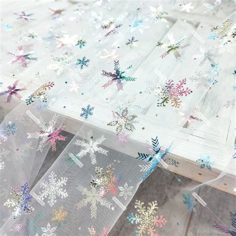 Iridescent Snowflake Pattern White Glitter Mesh Fabric OneYard