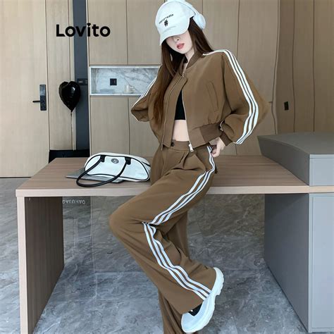 Lovito Women Casual Plain Zipper Braid Pocket Pants Sets Lna Coat