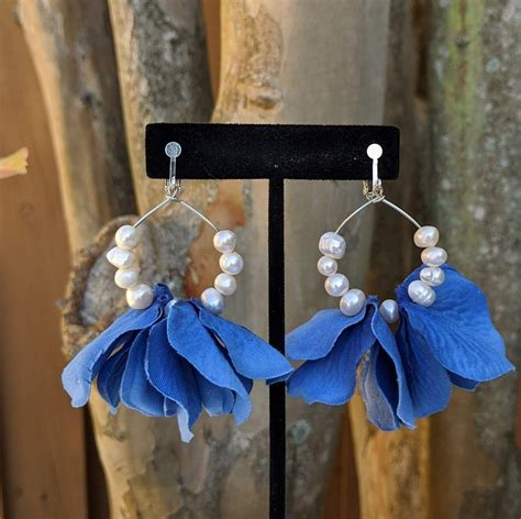 Aqua Blue Earrings Floral Statement Earrings Dangle Pearl Earrings Flower Earrings Beach