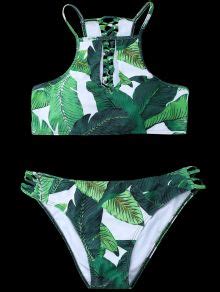 Palm Leaf Print High Neck Keyhole Bikini In Green M Zaful