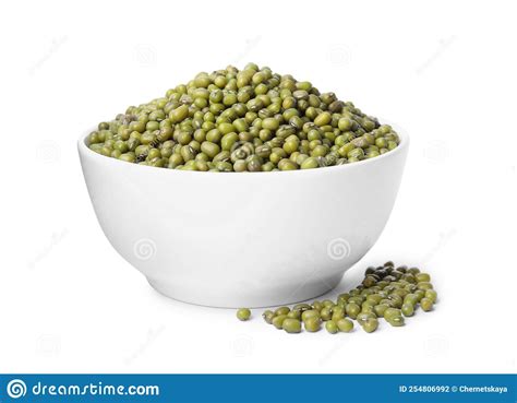 Bowl With Green Mung Beans Isolated On White Organic Grains Stock