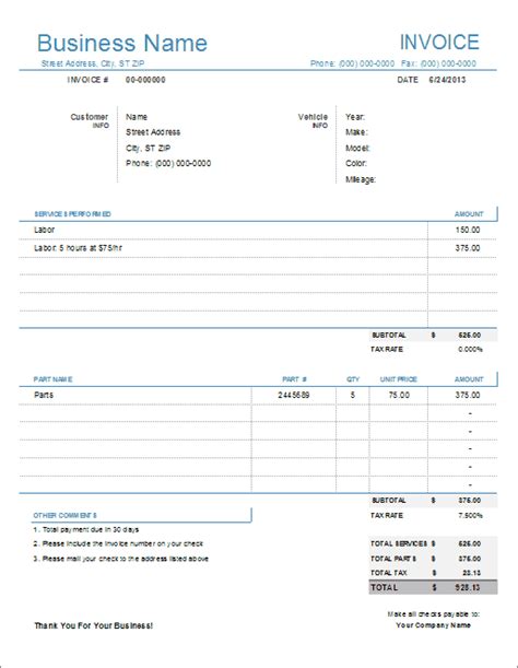 Auto Repair Invoice Template for Excel