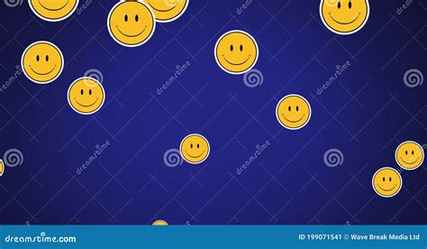 Multiple Smiley Face Emojis Floating Against Blue Background Stock