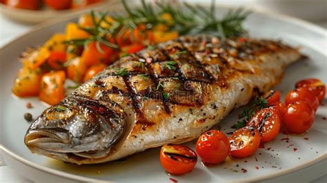 Grilled Whole Fish On A Plate With Charred Tomatoes A Gourmet Meal