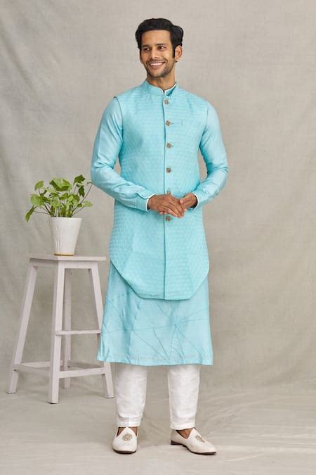 Buy Blue Silk Embroidery Thread Bundi And Kurta Set For Men By YAJY By