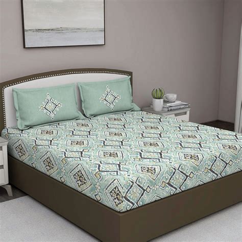 Buy GM Sage Green Damask 180 Tc Cotton Queen Bedsheet With 2 Pillow