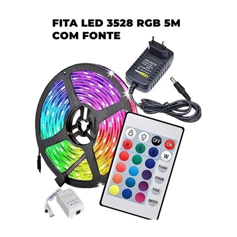 Fita Led Rgb Cores M Ip Prova D Agua Controle Fonte