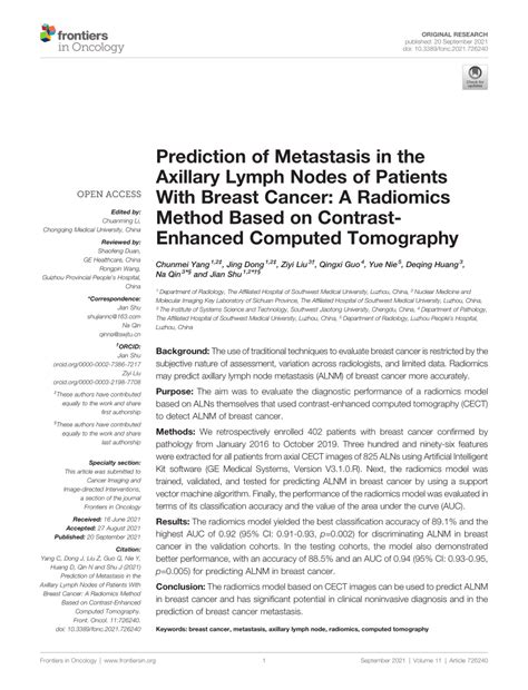 Pdf Prediction Of Metastasis In The Axillary Lymph Nodes Of Patients