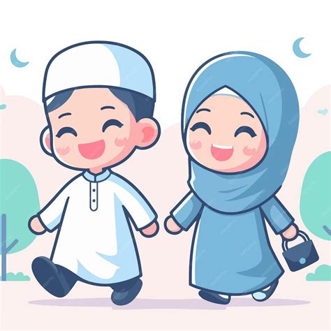 premium vector islamic cartoon cute muslim kids    mosque