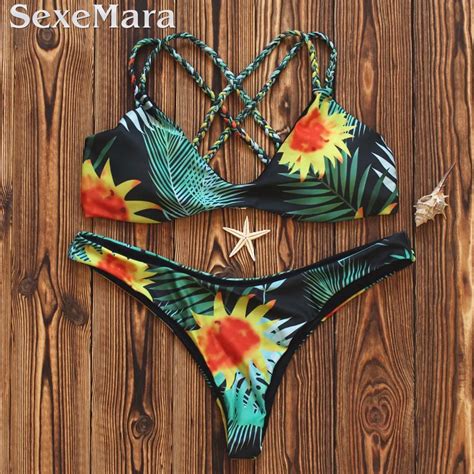 Sexy Black Thong Sunflowers Print Bikinis Women Swimwear Famale Bikini