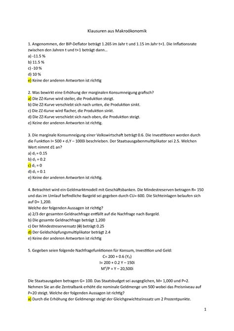 Klausur Fragen Und Antworten Klausuren Aus Makro Konomik