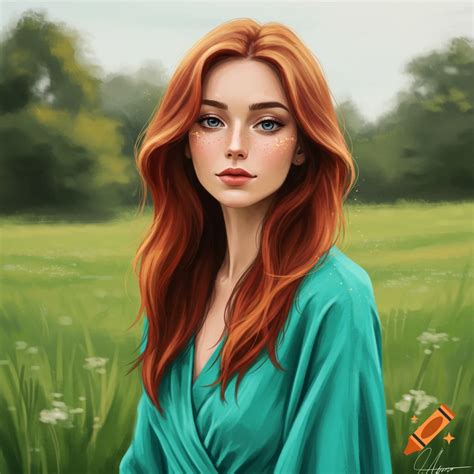 Portrait Of A Woman With Honey Brown Hair And Blue Eyes In A Field Of