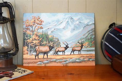 Vintage 1960s 1970s Paint By Numbers Wildlife Painting Elk In Fall