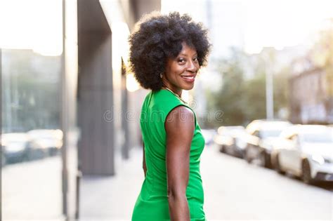Woman Wearing Green Dress Standing In The City Stock Image Image Of