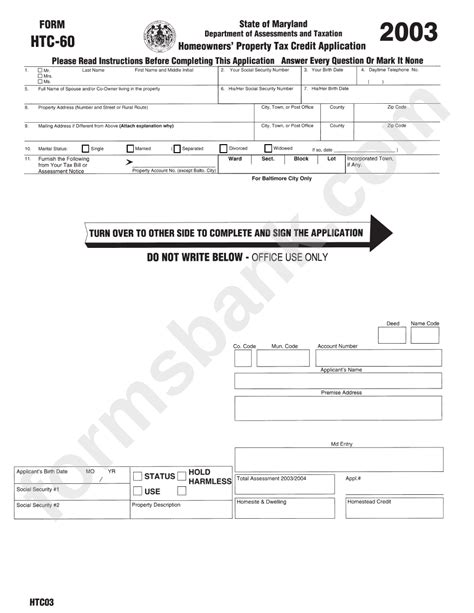 Fillable Form Htc Homeowners Property Tax Credit Application