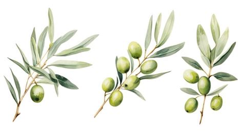 Premium Photo Set Of Three Watercolor Olive Branch Leaves And Fruits