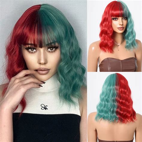 Half Red Half Green Wig With Bangs Short Wavy Synthetic Wigs Bob Curly Colored Wig Party