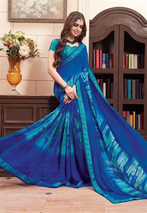 Buy Printed Georgette Saree In Royal Blue Online Item Code Smda