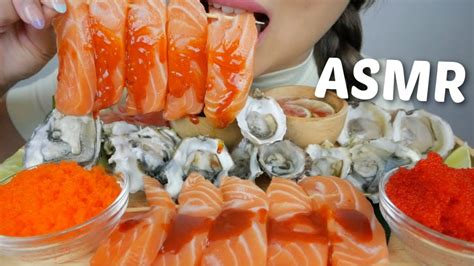 Asmr Fresh Raw Oysters And Samyang Fire Sauce Salmon Sashimi No Talking