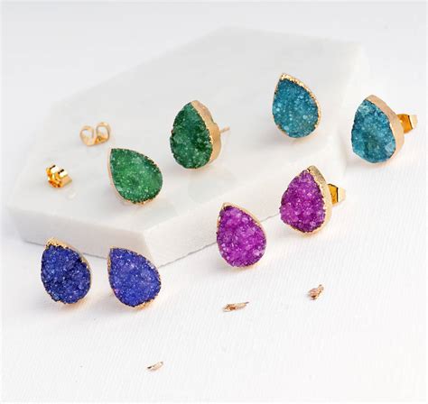 Purple Druzy Stone Teardrop Stud Earrings By Grace And Valour