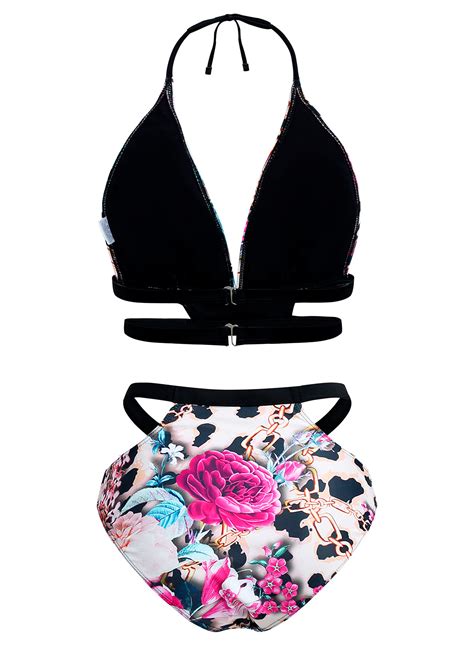 Halter Leopard Floral Print Bikini Set Rosewe Usd