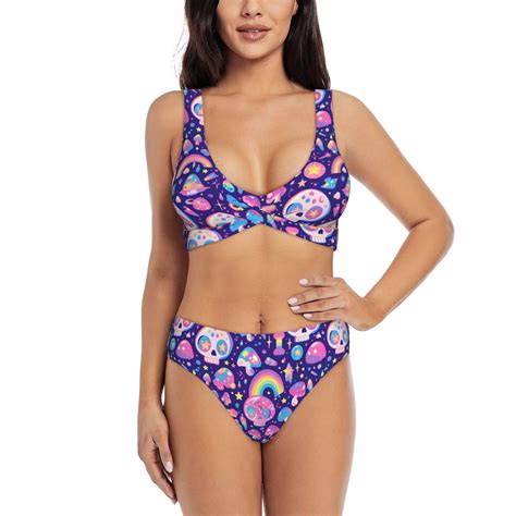 Bathing Suit For Women Skull Mushroom Rainbow High Waisted Bikini Set