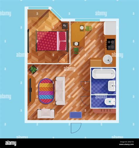 Colorful Floor Plan Of Apartment With One Bedroom Living Room Kitchen