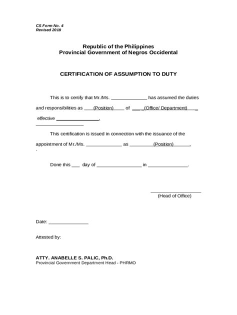 Certificate Of Assumption To Duty Cs No 4 Doc Template Pdffiller