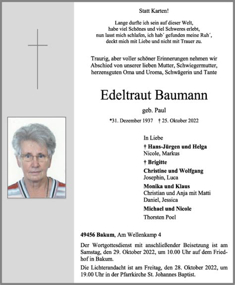 Traueranzeigen Von Edeltraut Baumann Om Trauer De