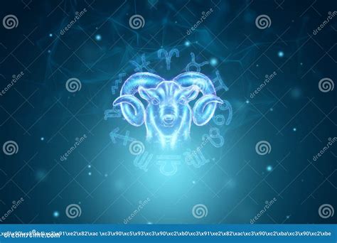 Aries Zodiac Signo Holograma Azul En El Fondo De Los Signos Zodiaco Y El Cielo Estrellado El