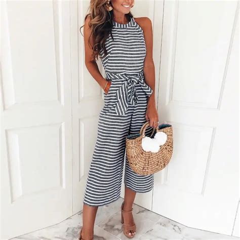 2018 Summer Womens Jumpsuit Romper Sleeveless Striped Jumpsuit Casual