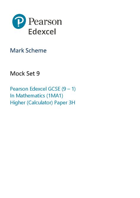 1MA1 3H Rms Mock Set 9 Mark Scheme Mock Set 9 Pearson Edexcel GCSE 9