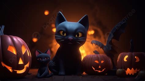 Funny Wallpaper Of Black Cat Next To The Carved Pumpkin Background 3d