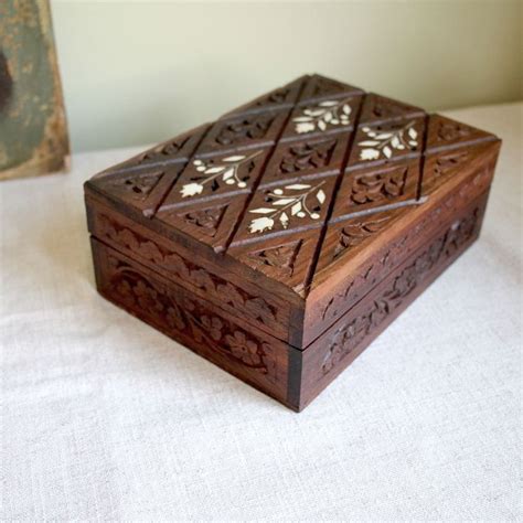 Vintage Intricately Carved Wooden Trinket Box Bohemian Style Decor