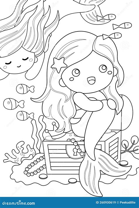 Sea Mermaid Coloring Pages A4 For Kids And Adult Royalty-Free Stock