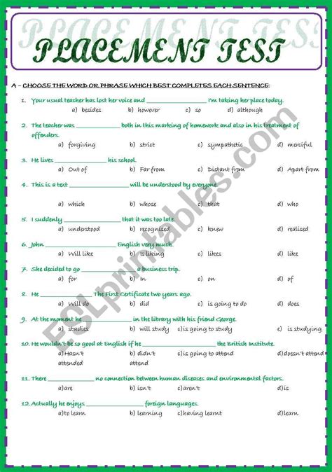 Placement Test Esl Worksheet By Ascincoquinas