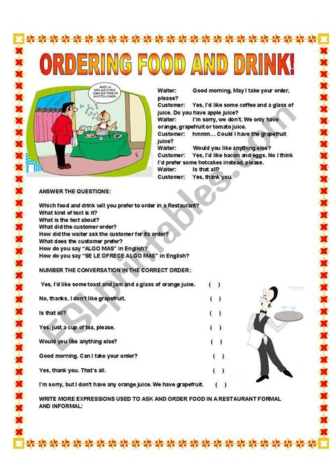 Ordering Food And Drink Esl Worksheet By Supergirls